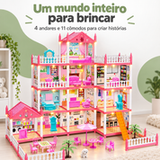 Casinha de boneca rosa com 4 andares e 11 cômodos