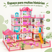 Casinha de boneca rosa mostrando os 4 andares e 11 cômodos