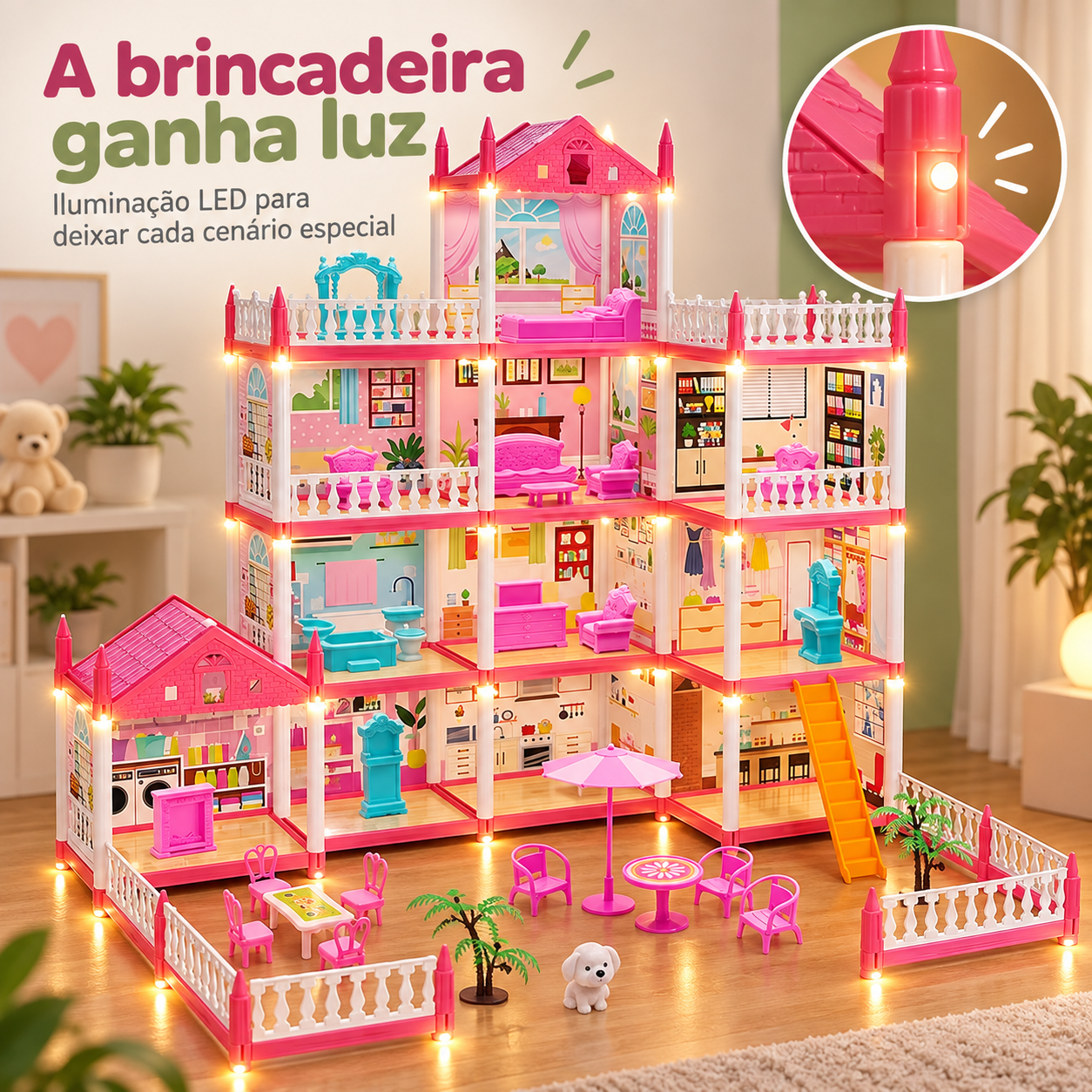 Casinha de boneca rosa com iluminação LED acesa