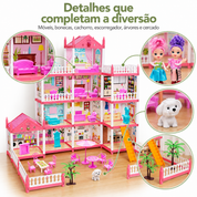Detalhes da casinha de boneca com móveis, bonecas e acessórios
