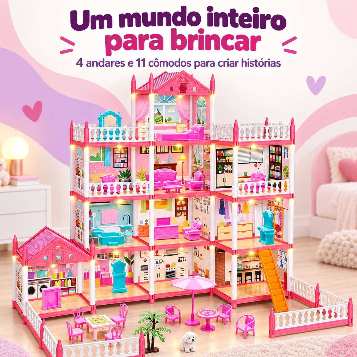 Casinha de boneca rosa com quatro andares onze cômodos e iluminação