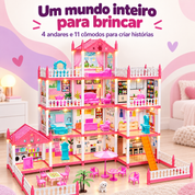 Casinha de boneca rosa com quatro andares onze cômodos e iluminação