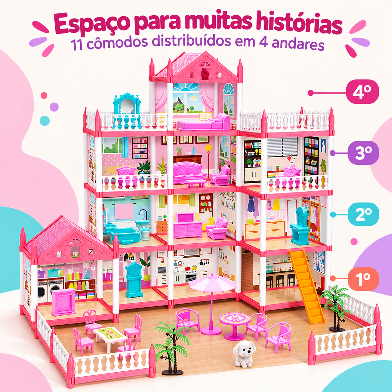 Quatro andares e onze cômodos da casinha de boneca rosa