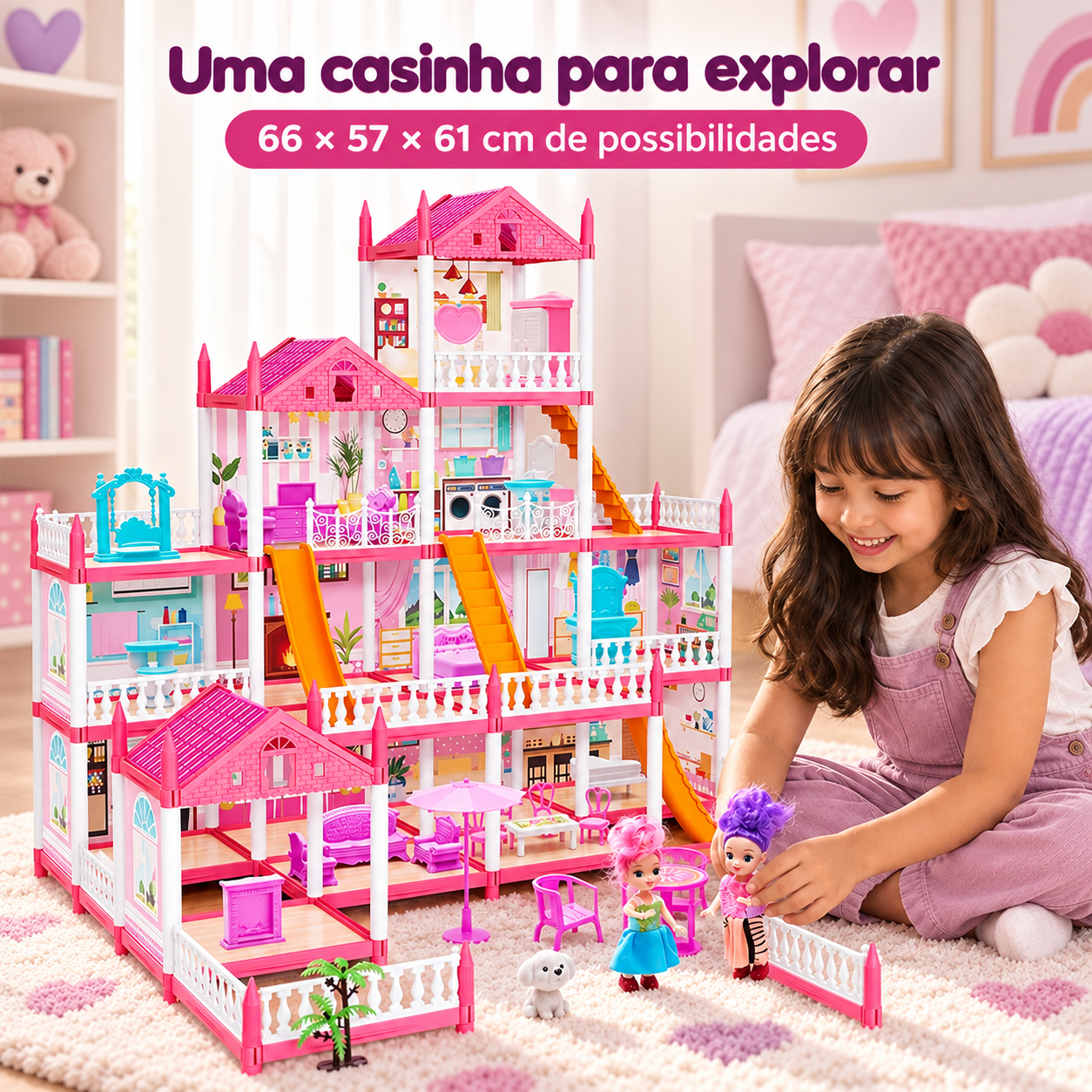 Criança brincando com casinha de boneca rosa de quatro andares