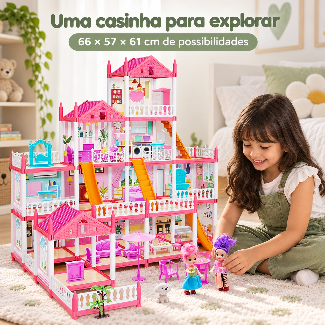 Criança brincando com a casinha de boneca rosa