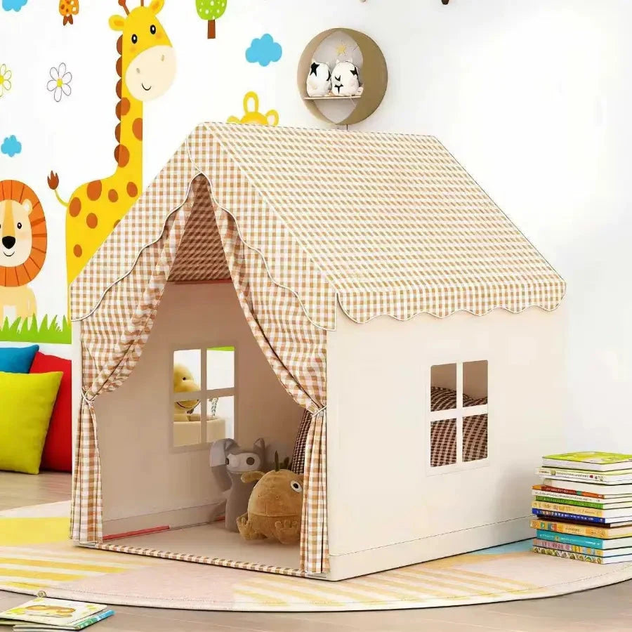 Casinha de Brincar Infantil com Janelas e Cortinas Cabana Infantil 05 Kabannas Cáqui xadrez 