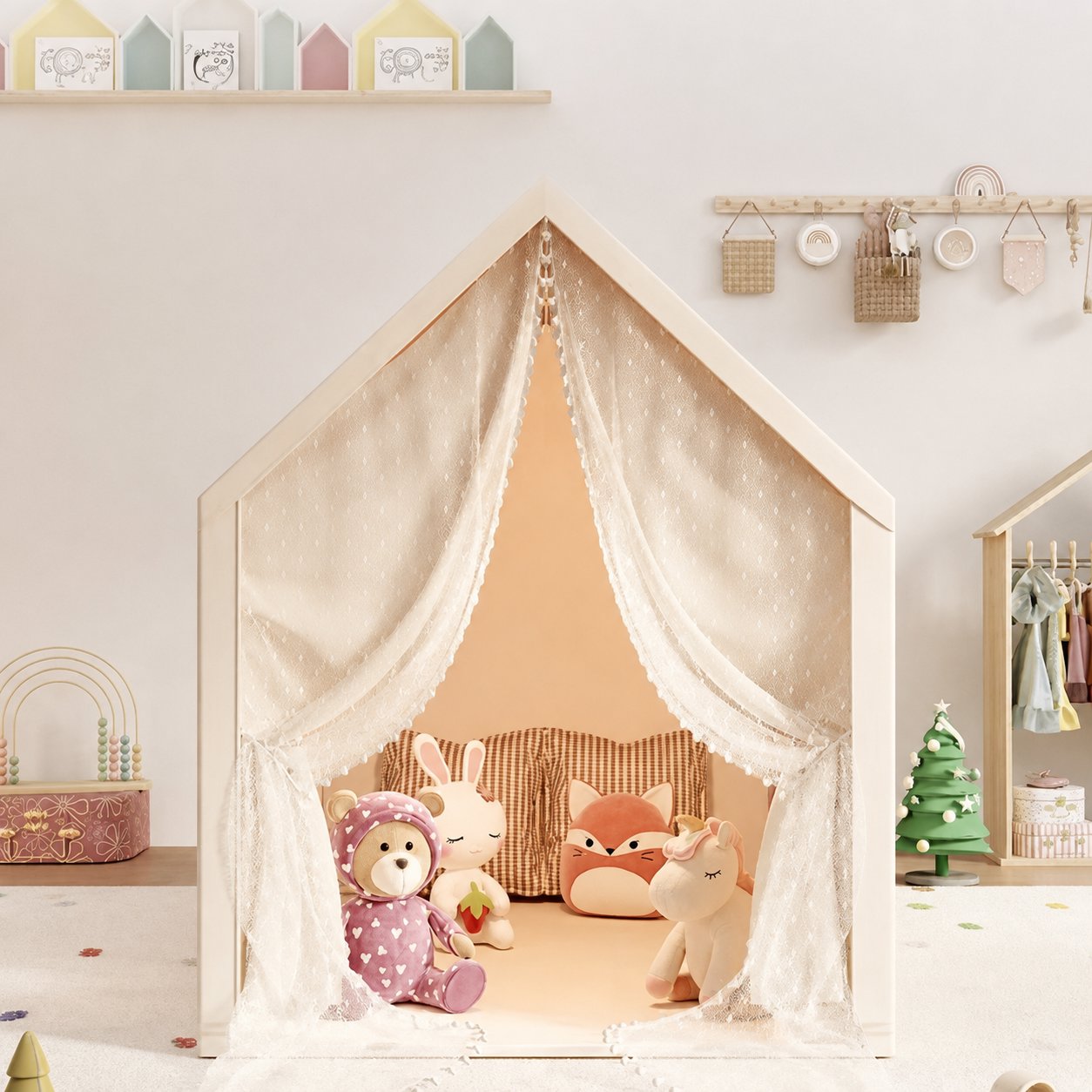 Casinha de Brincar Infantil Temática Cogumelo com Cortina Dupla Cabana Infantil 07 Kabannas 