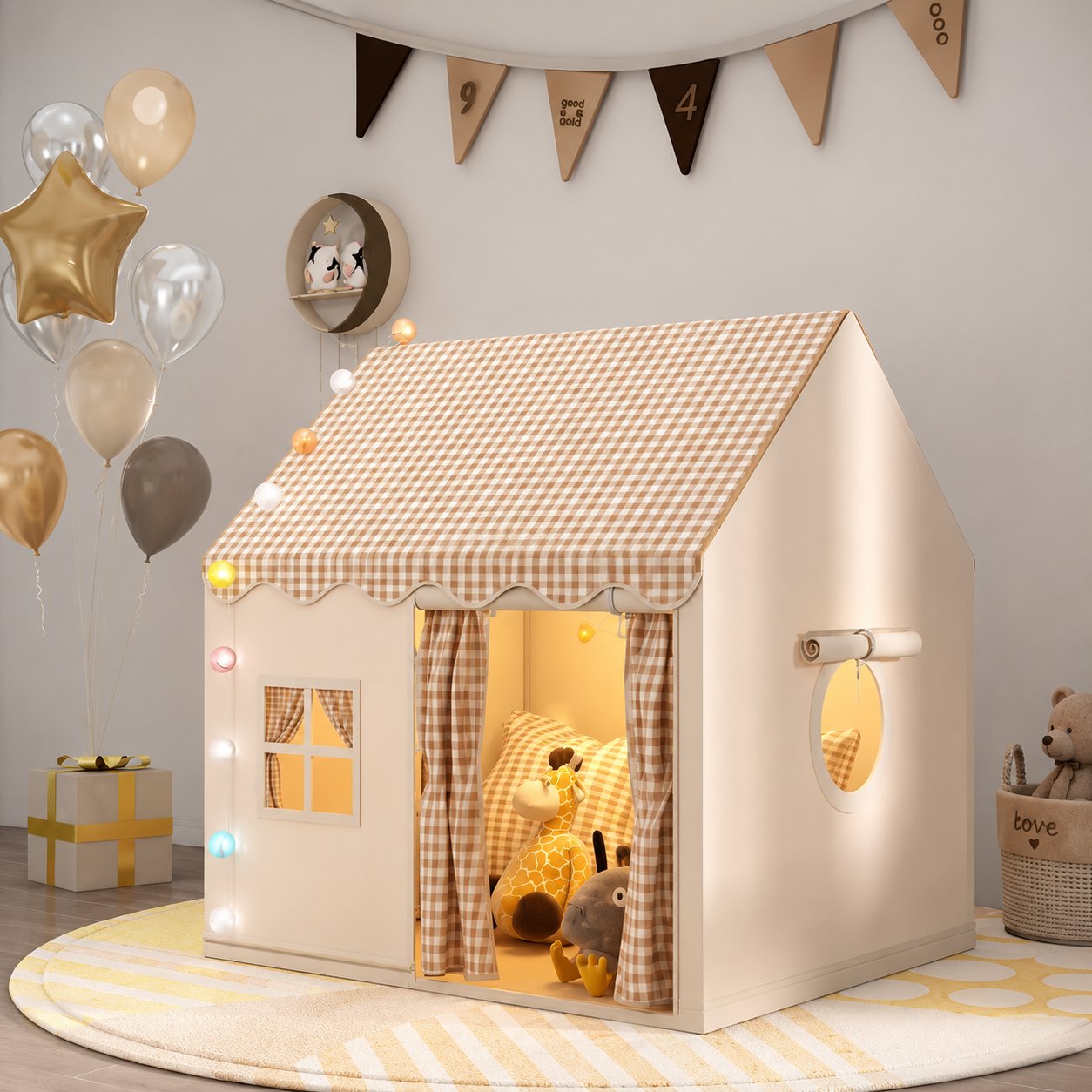 Casinha Tenda Infantil com Cortinas Telhado Xadrez Janela Decorativa Cabana Infantil 08 Kabannas 