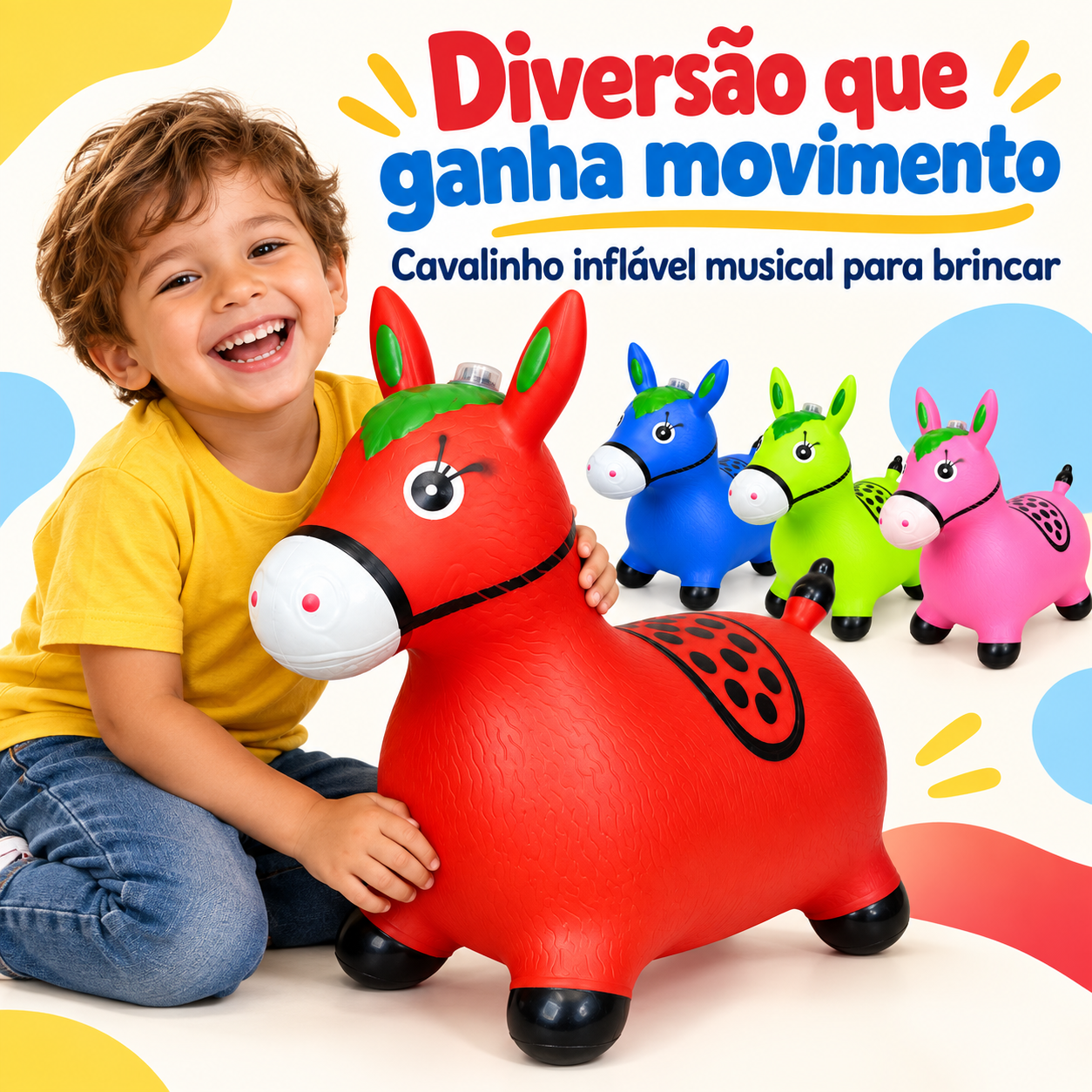 Cavalinho inflável musical nas cores vermelho azul verde e rosa