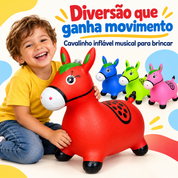 Cavalinho inflável musical nas cores vermelho azul verde e rosa