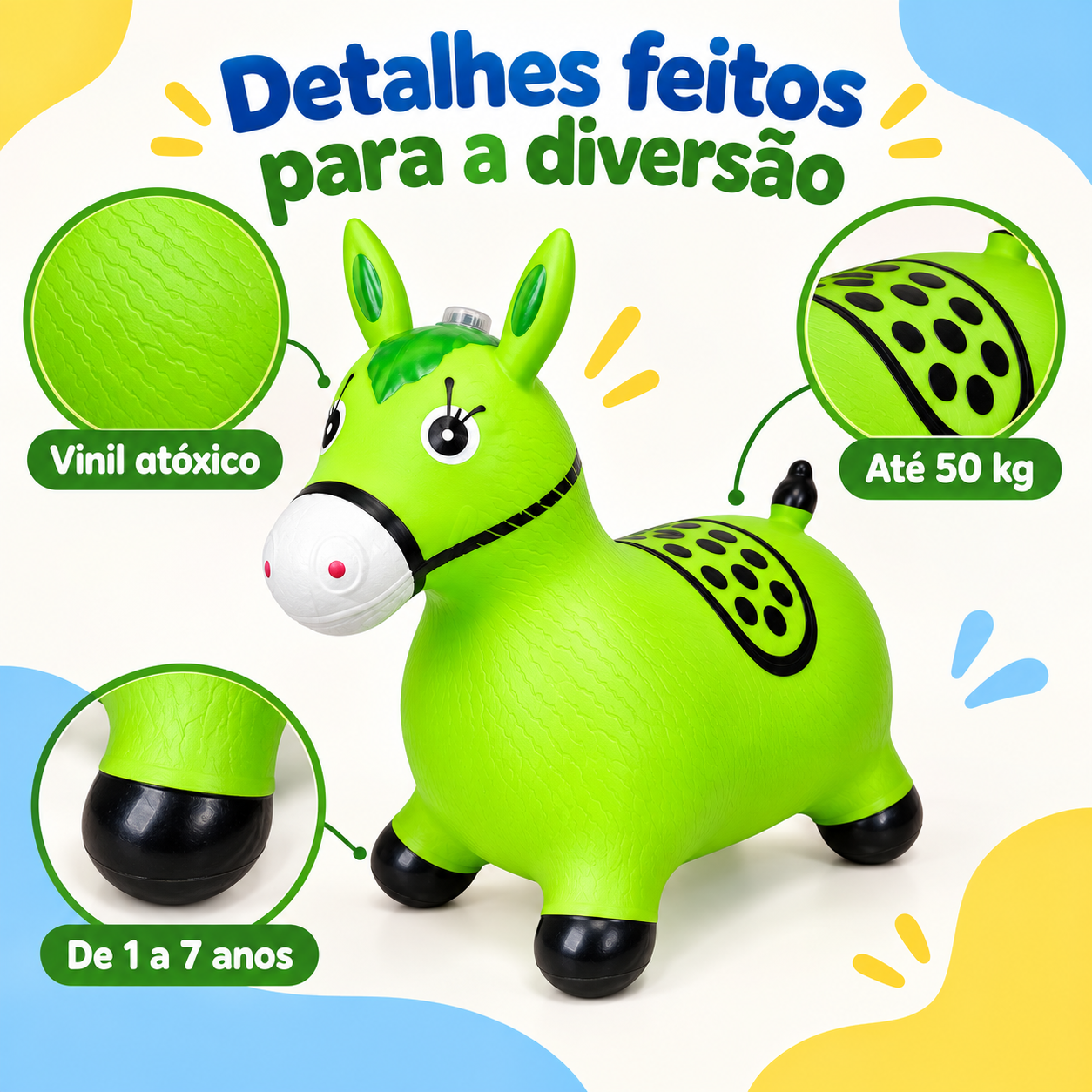 Cavalinho inflável verde com detalhes em vinil atóxico