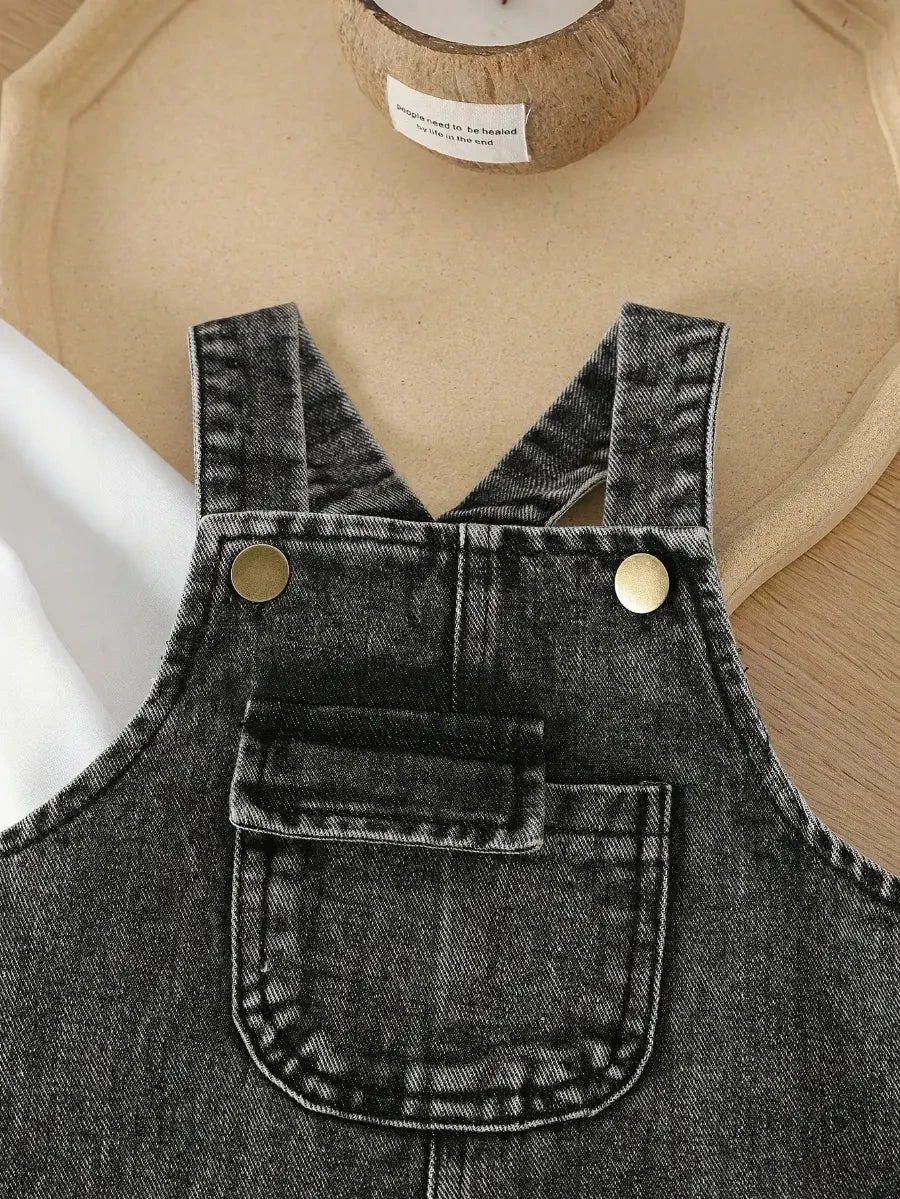 Conjunto 2 Peças Bebê Camiseta Manga Longa e Jardineira Jeans Casual Conjunto Unissex 01 Kabannas 