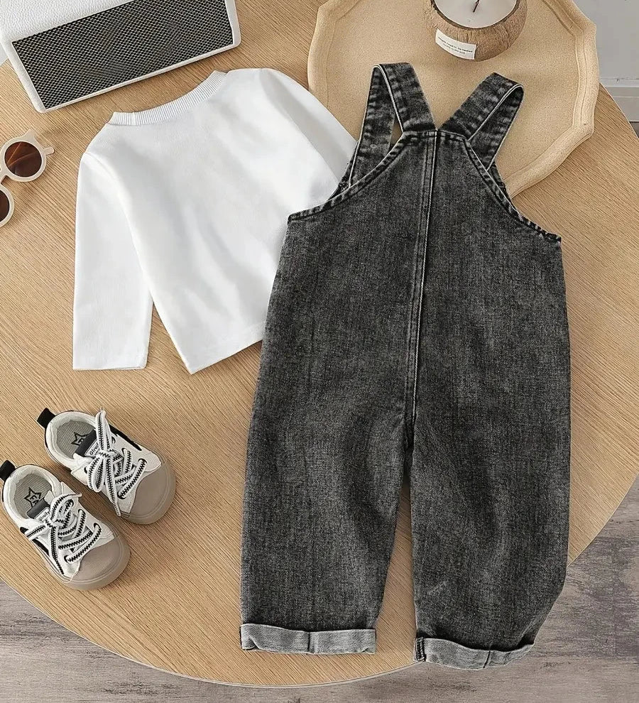 Conjunto 2 Peças Bebê Camiseta Manga Longa e Jardineira Jeans Casual Conjunto Unissex 01 Kabannas 