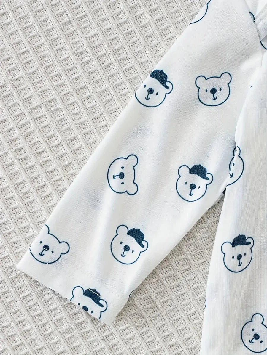 Conjunto 2 Peças Bebê Jardineira Veludo Cotelê Azul com Aplique de Ursinho e Camiseta Manga Longa Estampada Conjunto Menino 17 Kabannas 