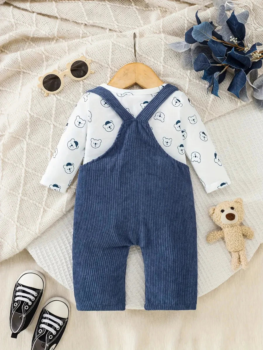 Conjunto 2 Peças Bebê Jardineira Veludo Cotelê Azul com Aplique de Ursinho e Camiseta Manga Longa Estampada Conjunto Menino 17 Kabannas 