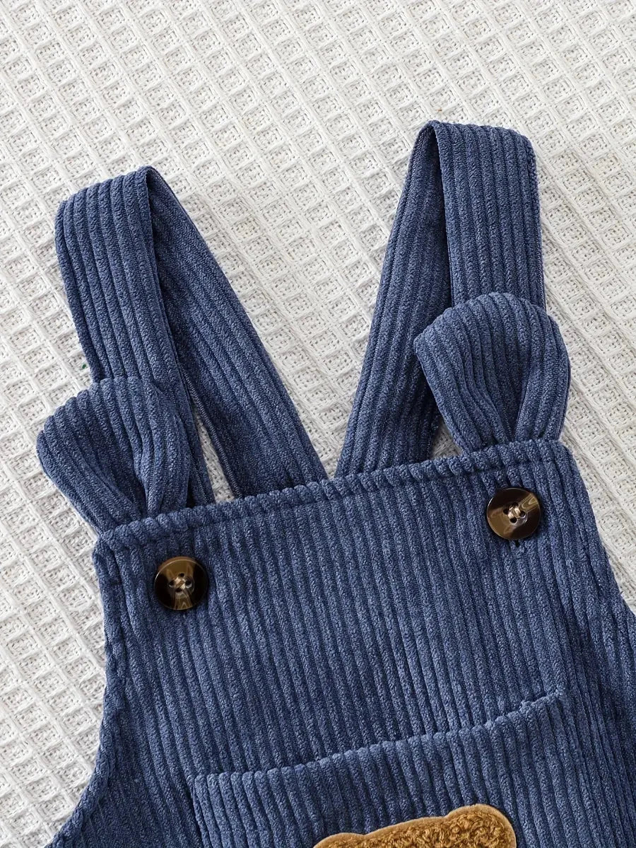 Conjunto 2 Peças Bebê Jardineira Veludo Cotelê Azul com Aplique de Ursinho e Camiseta Manga Longa Estampada Conjunto Menino 17 Kabannas 