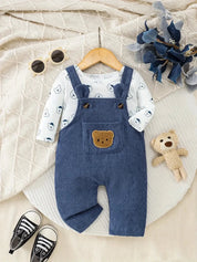 Conjunto 2 Peças Bebê Jardineira Veludo Cotelê Azul com Aplique de Ursinho e Camiseta Manga Longa Estampada Conjunto Menino 17 Kabannas Azul 0-3 Meses 