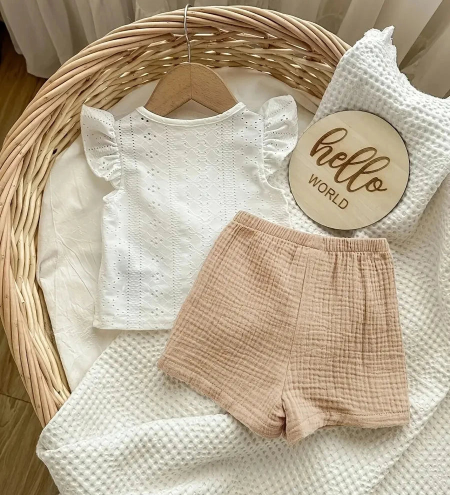 Conjunto 2 Peças Bebê Menina Blusa Bordada Manga Babado e Shorts Musselina Conjunto Menina 05 Kabannas 