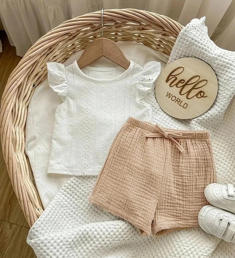 Conjunto 2 Peças Bebê Menina Blusa Bordada Manga Babado e Shorts Musselina Conjunto Menina 05 Kabannas Branco 6-9 Meses 
