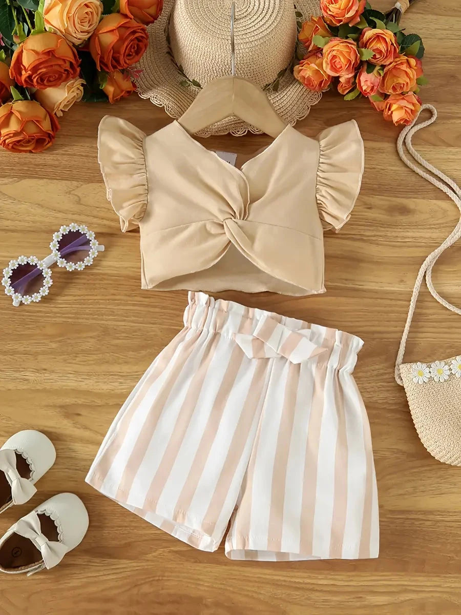 Conjunto 2 Peças Bebê Menina Blusa Franzida Manga Curta e Short Listrado Conjunto Menina 19 Kabannas Bege 6-9 Meses 