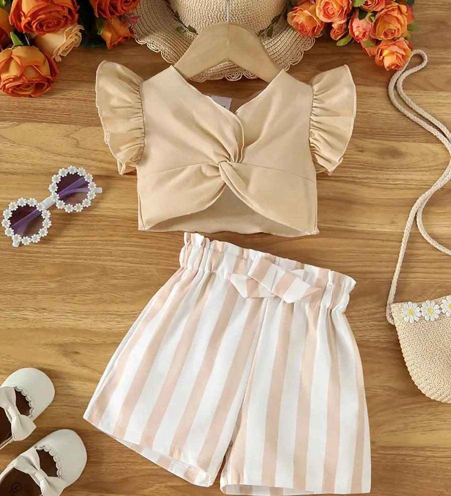 Conjunto 2 Peças Bebê Menina Blusa Franzida Manga Curta e Short Listrado Conjunto Menina 19 Kabannas Bege 6-9 Meses 