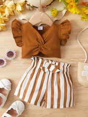 Conjunto 2 Peças Bebê Menina Blusa Franzida Manga Curta e Short Listrado Conjunto Menina 19 Kabannas Marrom 6-9 Meses 