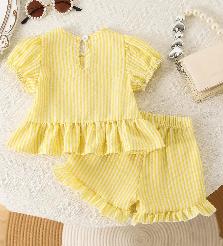 Conjunto 2 Peças Bebê Menina Blusa Listrada com Laços e Shorts Babado Seersucker Conjunto Menina 06 Kabannas 