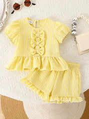 Conjunto 2 Peças Bebê Menina Blusa Listrada com Laços e Shorts Babado Seersucker Conjunto Menina 06 Kabannas Amarelo 6-9 Meses 