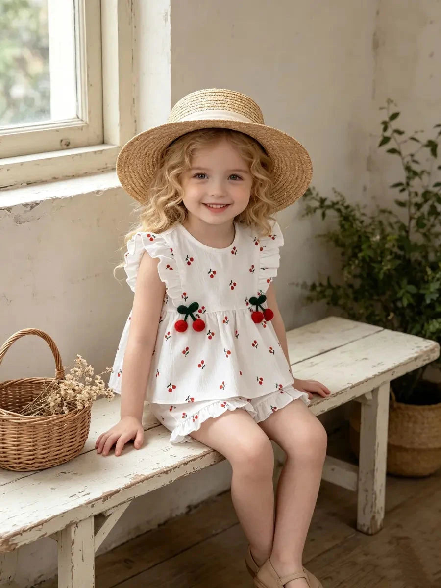 Conjunto 2 Peças Bebê Menina Blusa Manga Curta e Shorts Estampa de Cereja Babados e Enfeites 3D Conjunto Menina 04 Kabannas 