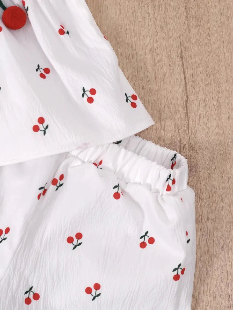 Conjunto 2 Peças Bebê Menina Blusa Manga Curta e Shorts Estampa de Cereja Babados e Enfeites 3D Conjunto Menina 04 Kabannas 