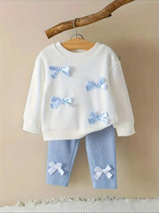 Conjunto 2 Peças Bebê Menina Blusa Manga Longa com Laços Calça Canelada Conjunto Menina 11 Kabannas Branco 3-6 Meses 