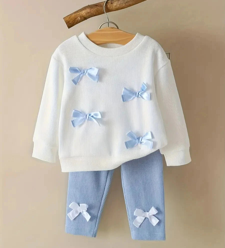 Conjunto 2 Peças Bebê Menina Blusa Manga Longa com Laços Calça Canelada Conjunto Menina 11 Kabannas Branco 3-6 Meses 