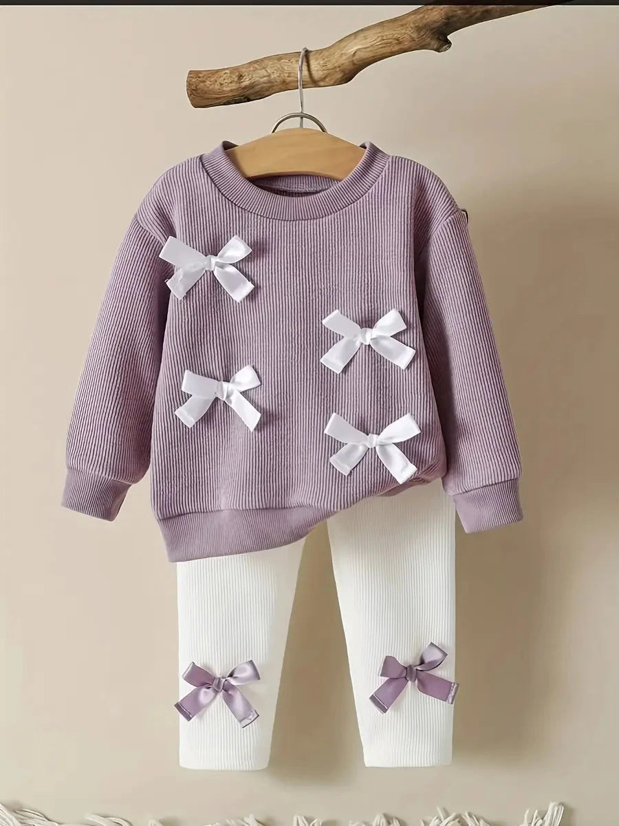Conjunto 2 Peças Bebê Menina Blusa Manga Longa com Laços Calça Canelada Conjunto Menina 11 Kabannas Roxo 3-6 Meses 