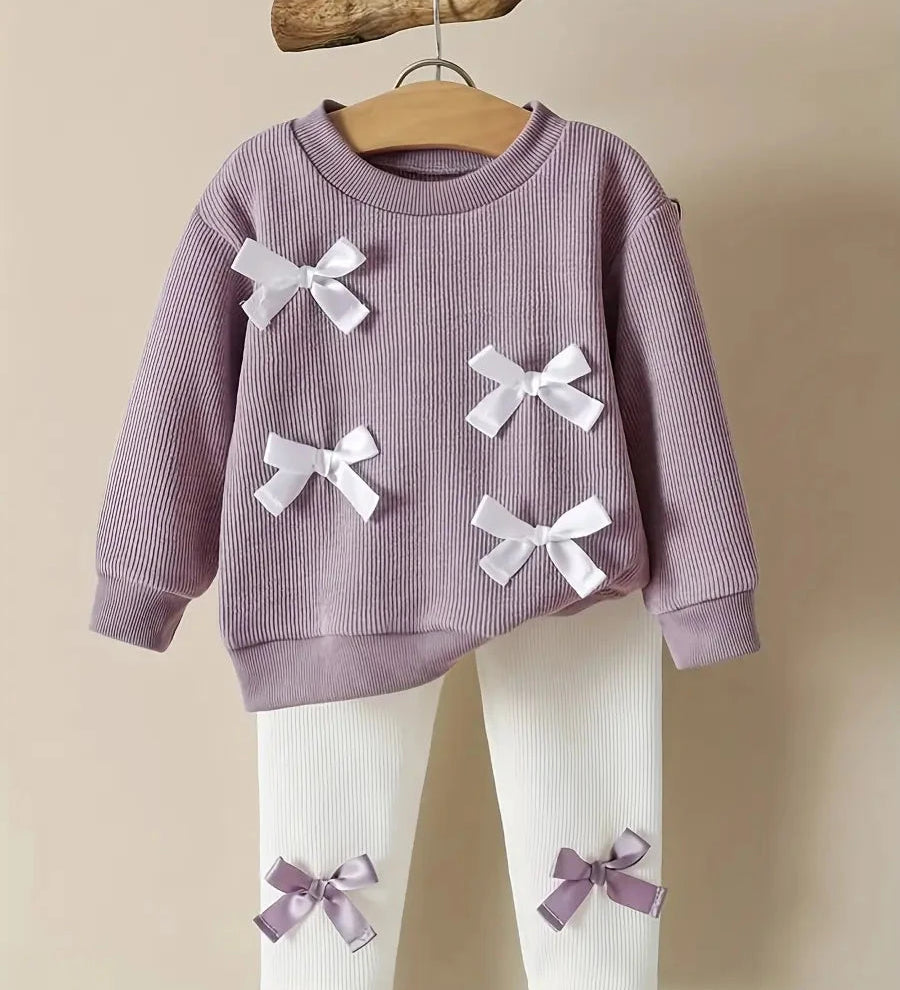 Conjunto 2 Peças Bebê Menina Blusa Manga Longa com Laços Calça Canelada Conjunto Menina 11 Kabannas Roxo 3-6 Meses 