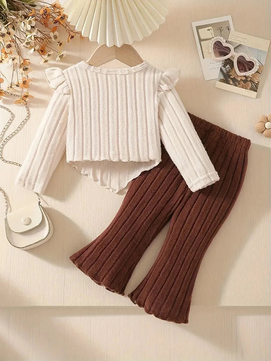 Conjunto 2 Peças Bebê Menina Blusa Manga Longa Flores 3D Malha Canelada e Calça Flare Conjunto Menina 13 Kabannas 