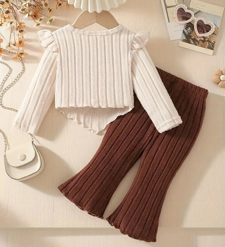 Conjunto 2 Peças Bebê Menina Blusa Manga Longa Flores 3D Malha Canelada e Calça Flare Conjunto Menina 13 Kabannas 
