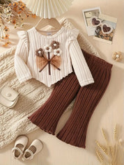 Conjunto 2 Peças Bebê Menina Blusa Manga Longa Flores 3D Malha Canelada e Calça Flare Conjunto Menina 13 Kabannas Bege 6-9 Meses 