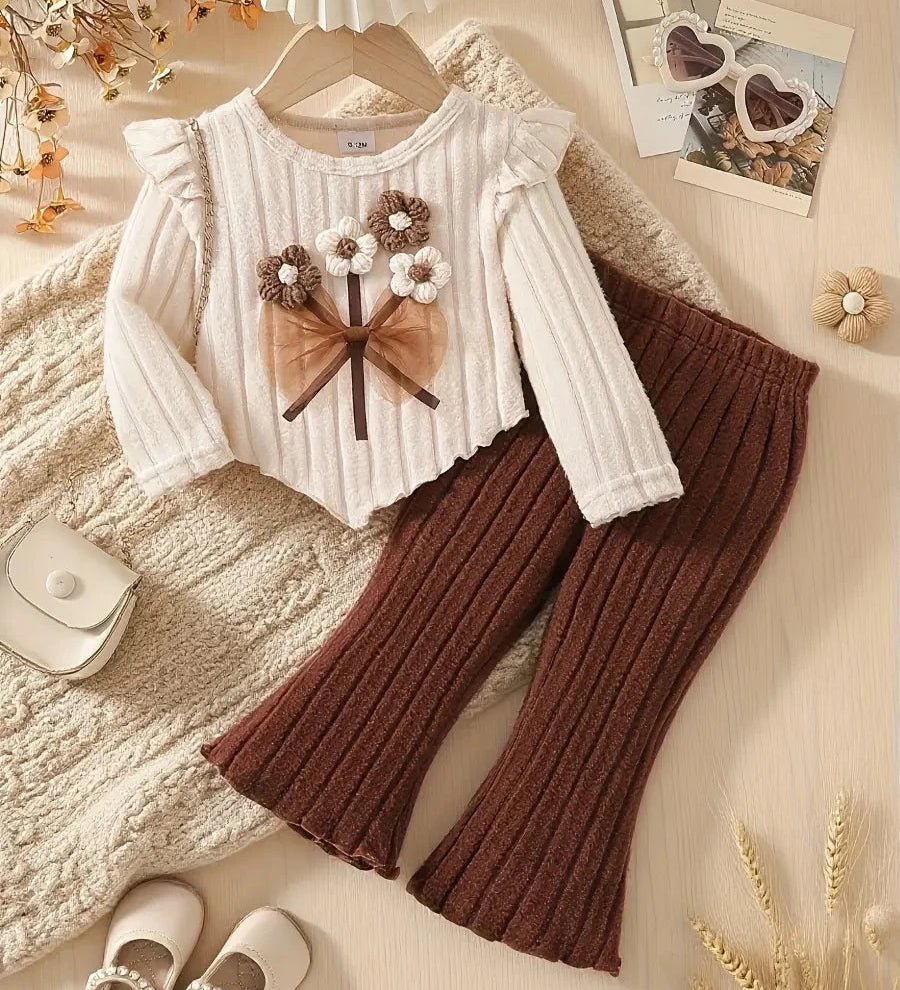 Conjunto 2 Peças Bebê Menina Blusa Manga Longa Flores 3D Malha Canelada e Calça Flare Conjunto Menina 13 Kabannas Bege 6-9 Meses 