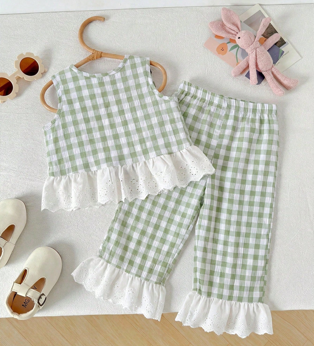 Conjunto 2 Peças Bebê Menina Blusa Regata e Calça Flare Xadrez Renda Laise 001 Conjunto Menina 07 Kabannas 