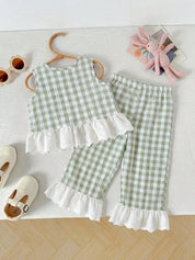Conjunto 2 Peças Bebê Menina Blusa Regata e Calça Flare Xadrez Renda Laise 001 Conjunto Menina 07 Kabannas 