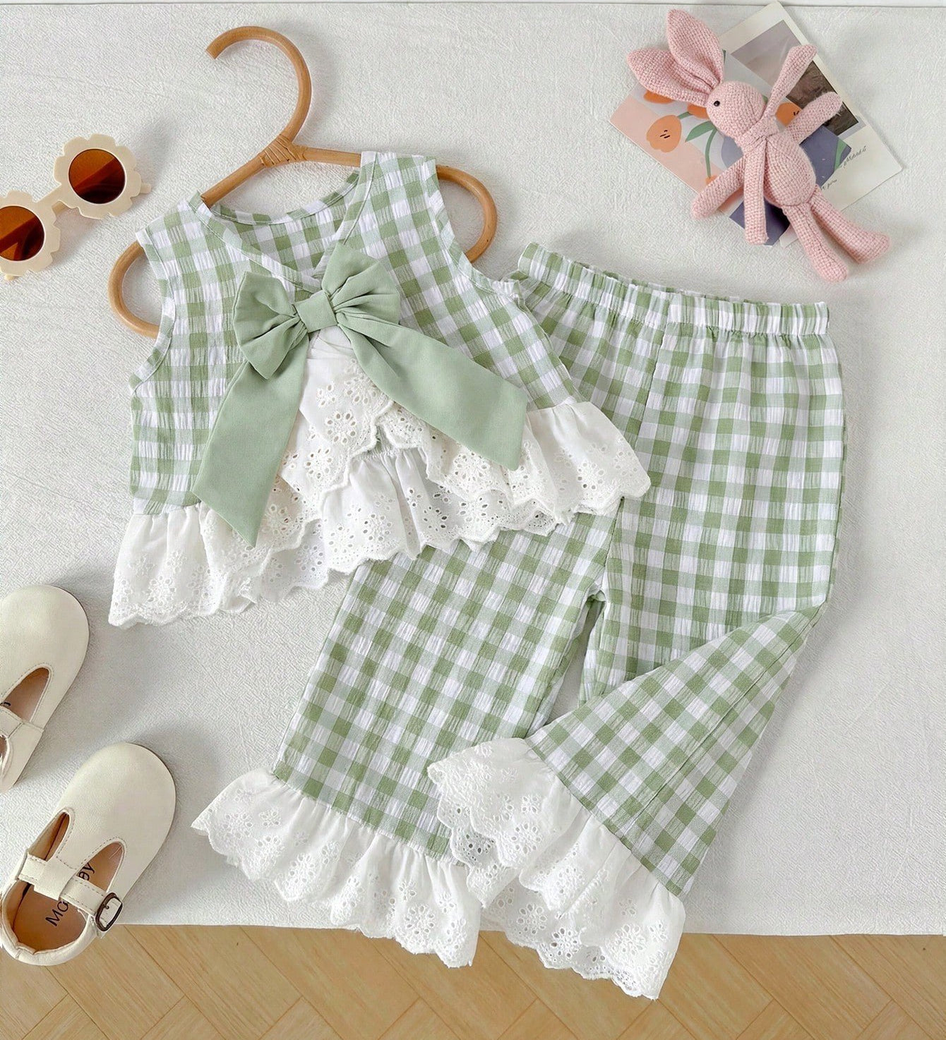 Conjunto 2 Peças Bebê Menina Blusa Regata e Calça Flare Xadrez Renda Laise 001 Conjunto Menina 07 Kabannas Verde 3-6 Meses 