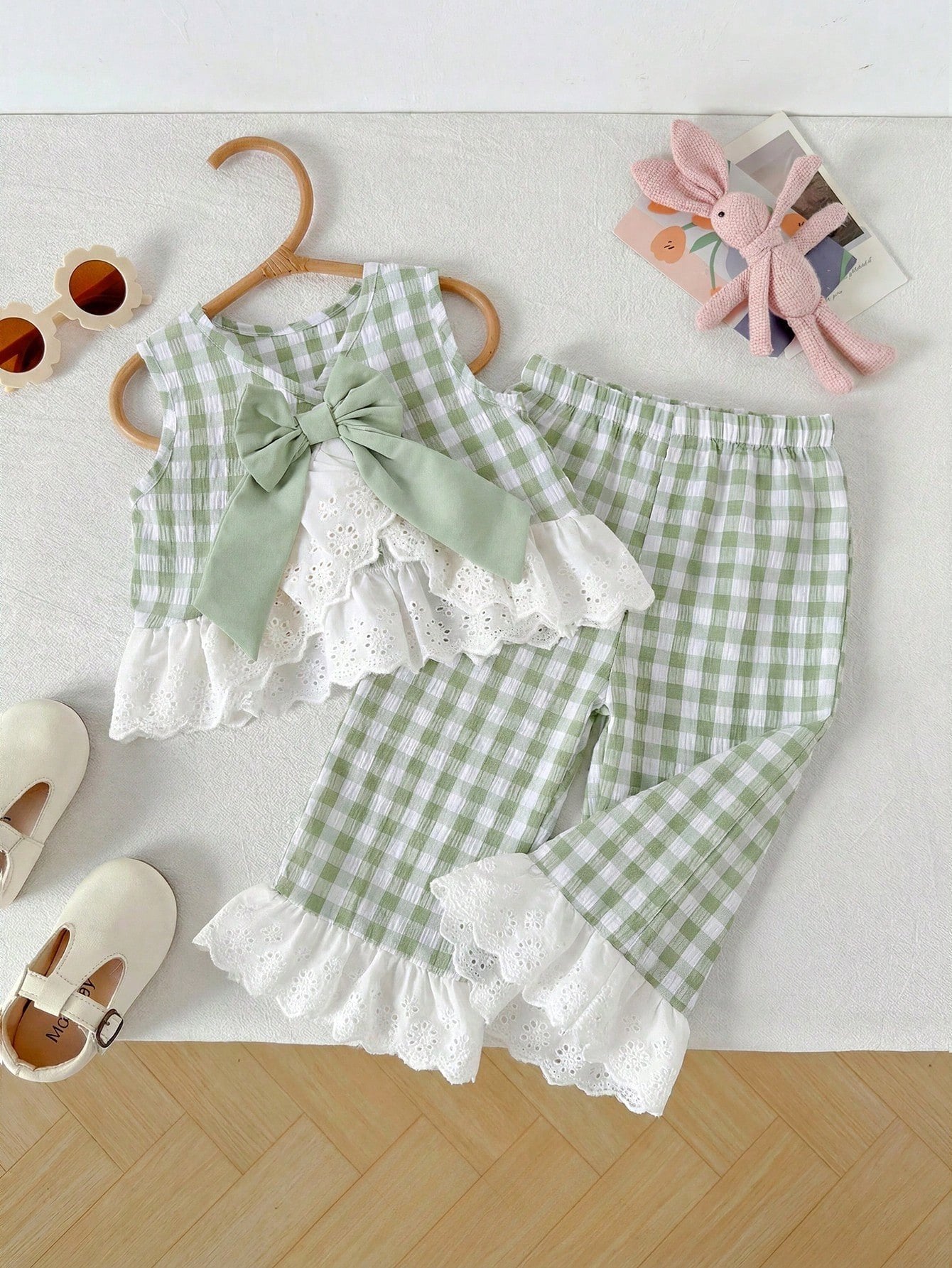 Conjunto 2 Peças Bebê Menina Blusa Regata e Calça Flare Xadrez Renda Laise 001 Conjunto Menina 07 Kabannas Verde 3-6 Meses 