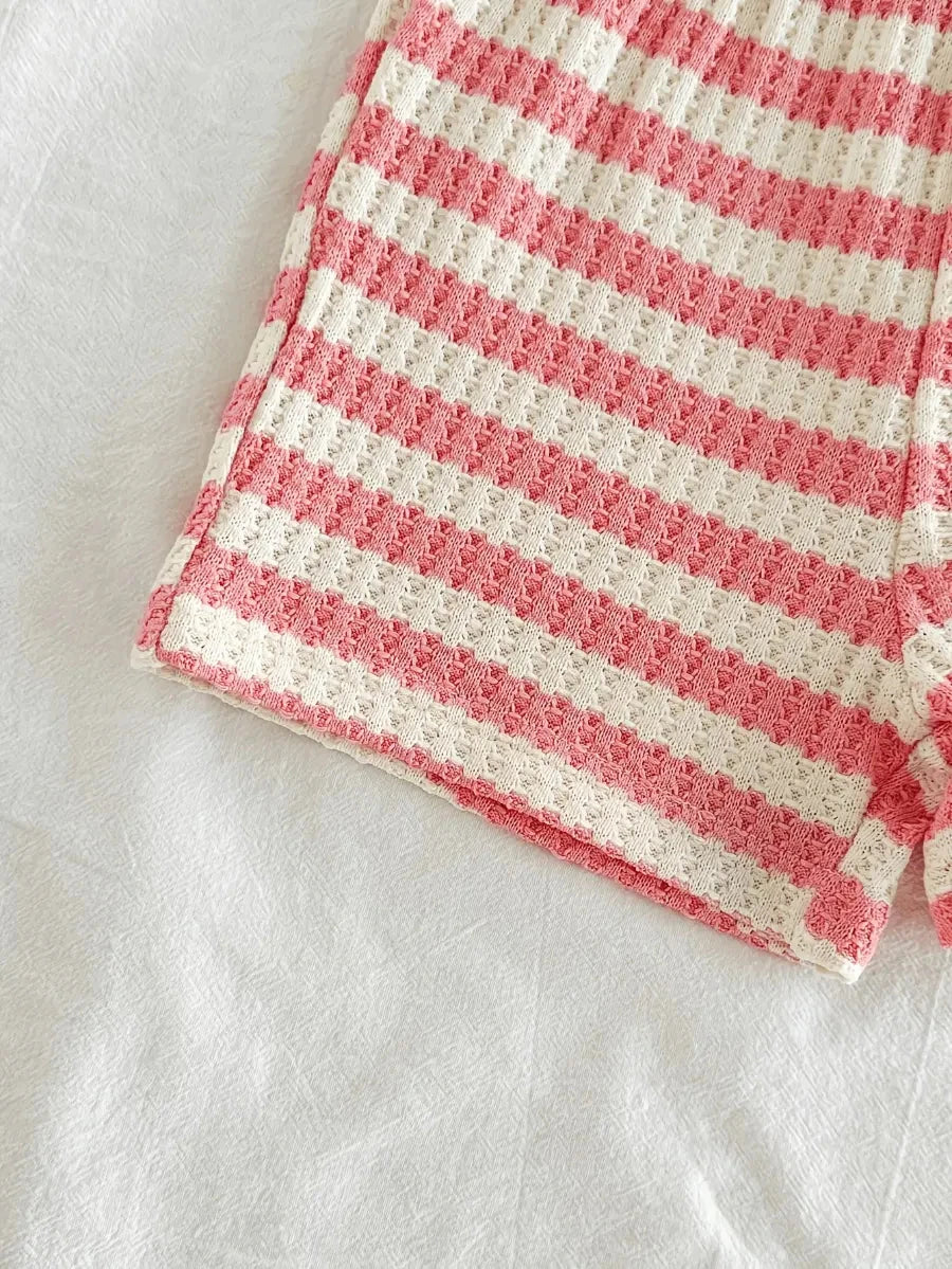 Conjunto 2 Peças Bebê Menina Blusa Regata e Shorts Listrado Waffle Bordado Melancia Conjunto Menina 07 Kabannas 