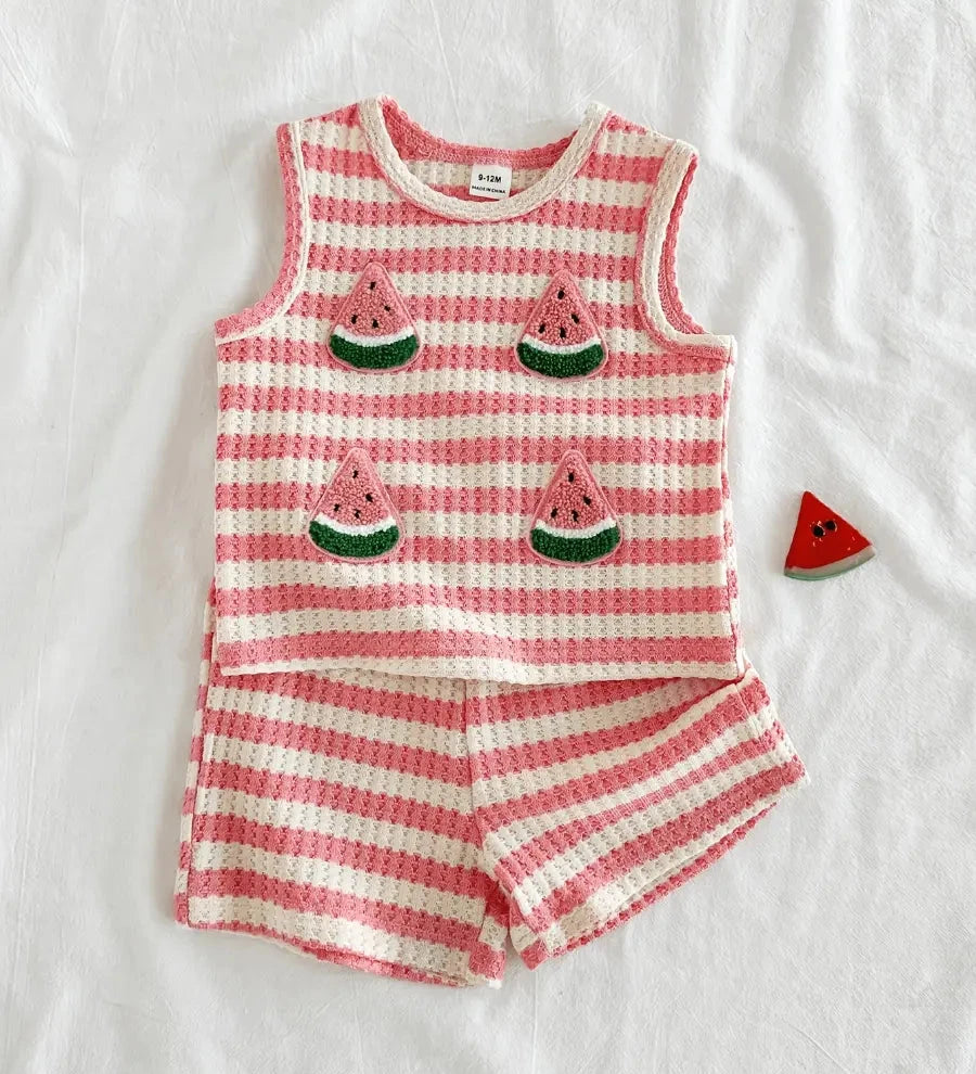 Conjunto 2 Peças Bebê Menina Blusa Regata e Shorts Listrado Waffle Bordado Melancia Conjunto Menina 07 Kabannas 6-9 Meses 