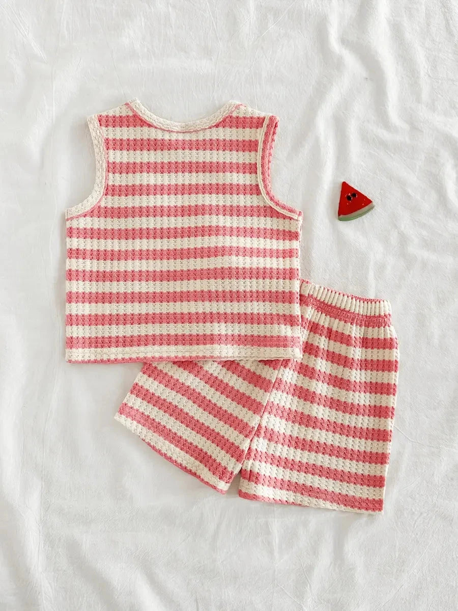 Conjunto 2 Peças Bebê Menina Blusa Regata e Shorts Listrado Waffle Bordado Melancia Conjunto Menina 07 Kabannas 