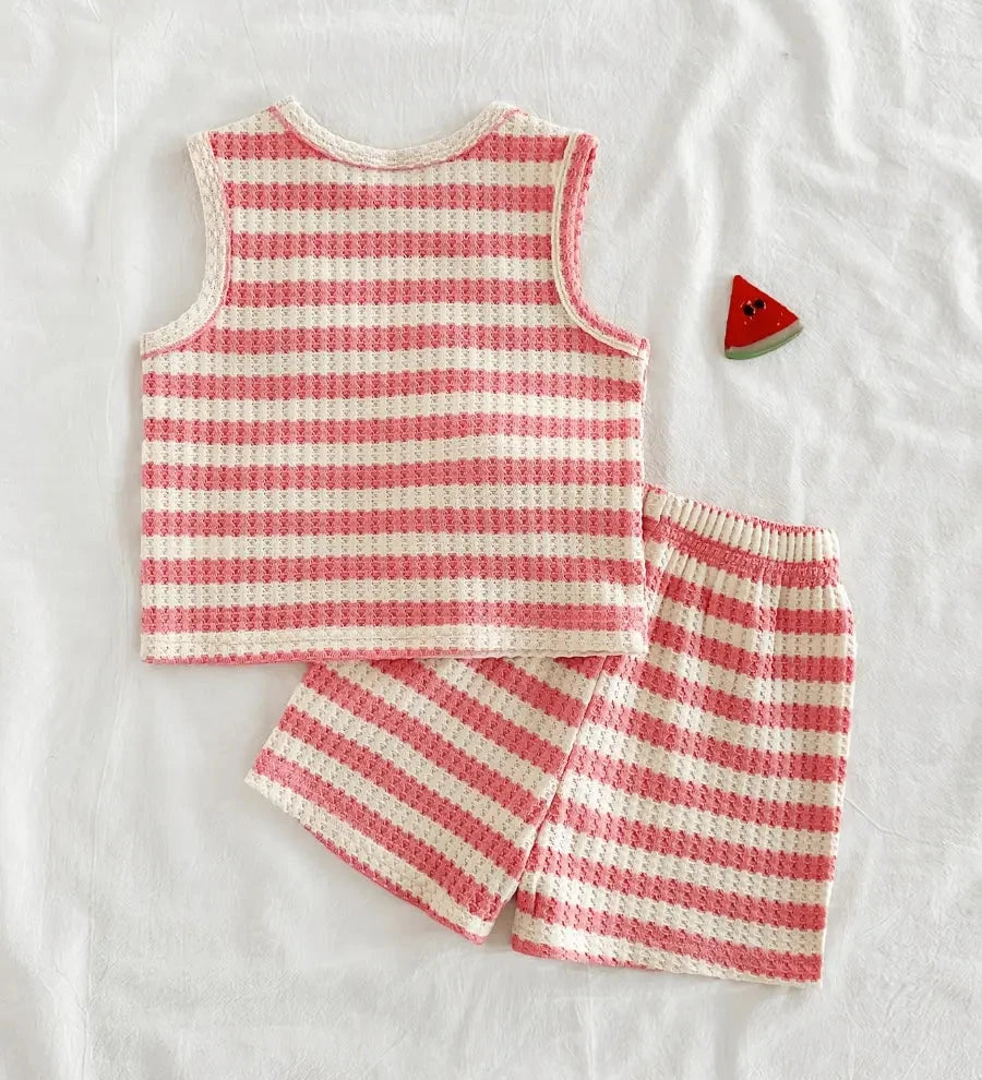Conjunto 2 Peças Bebê Menina Blusa Regata e Shorts Listrado Waffle Bordado Melancia Conjunto Menina 07 Kabannas 