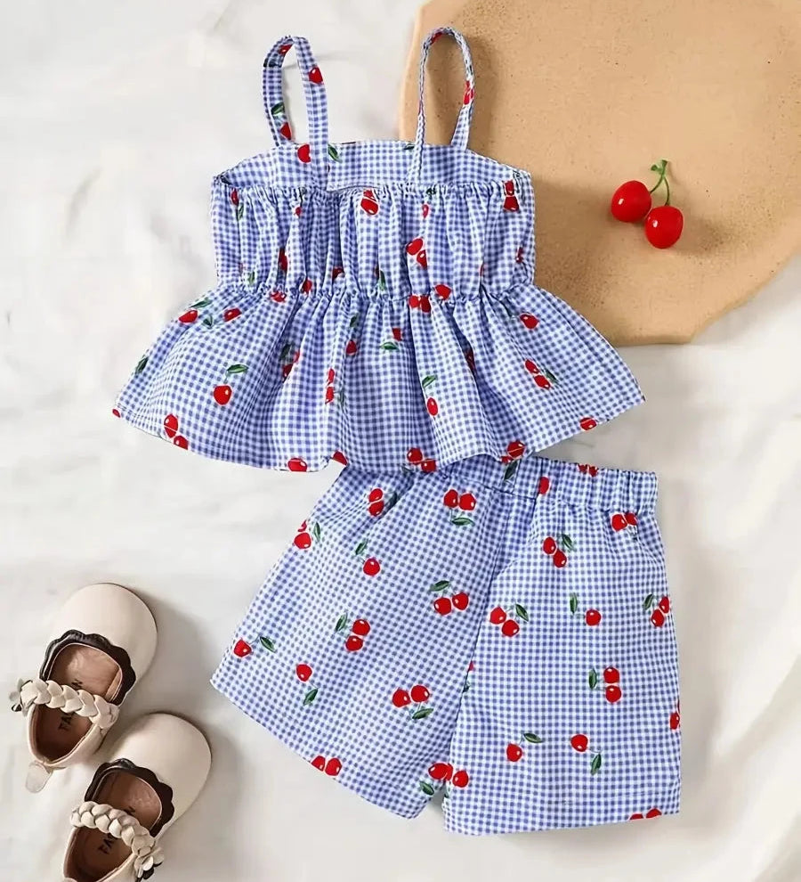 Conjunto 2 Peças Bebê Menina Blusa Regata e Shorts Xadrez Estampa de Cereja Conjunto Menina 09 Kabannas 