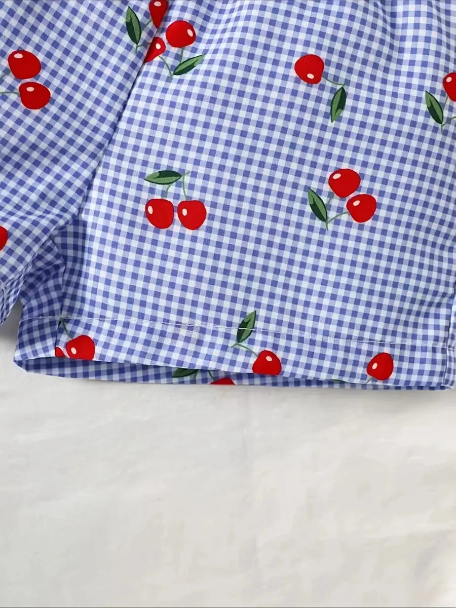 Conjunto 2 Peças Bebê Menina Blusa Regata e Shorts Xadrez Estampa de Cereja Conjunto Menina 09 Kabannas 
