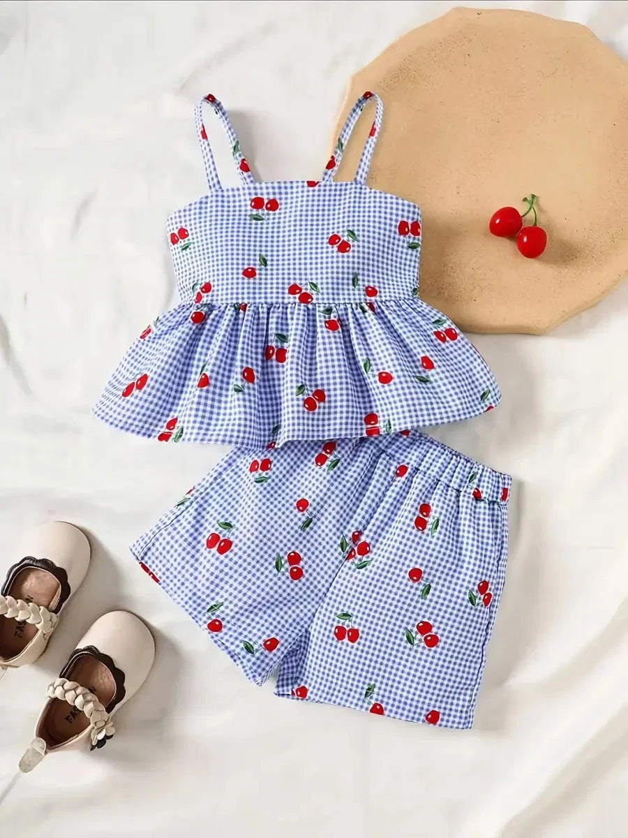 Conjunto 2 Peças Bebê Menina Blusa Regata e Shorts Xadrez Estampa de Cereja Conjunto Menina 09 Kabannas Céu azul 6-9 Meses 