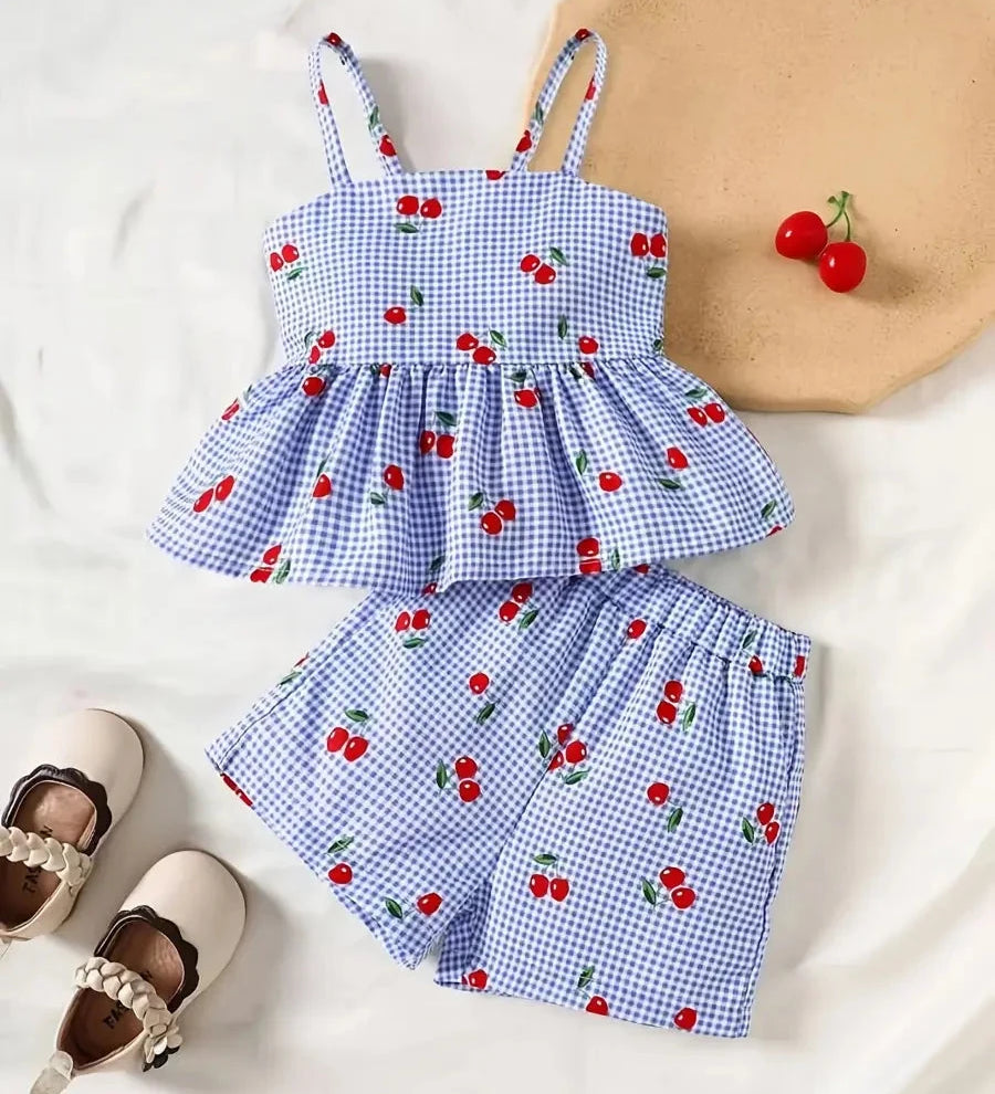 Conjunto 2 Peças Bebê Menina Blusa Regata e Shorts Xadrez Estampa de Cereja Conjunto Menina 09 Kabannas Céu azul 6-9 Meses 